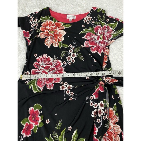 Signature by Robbie Bee Dress Women's Size M Black Floral Office Bow Tie Waist - Picture 7 of 14